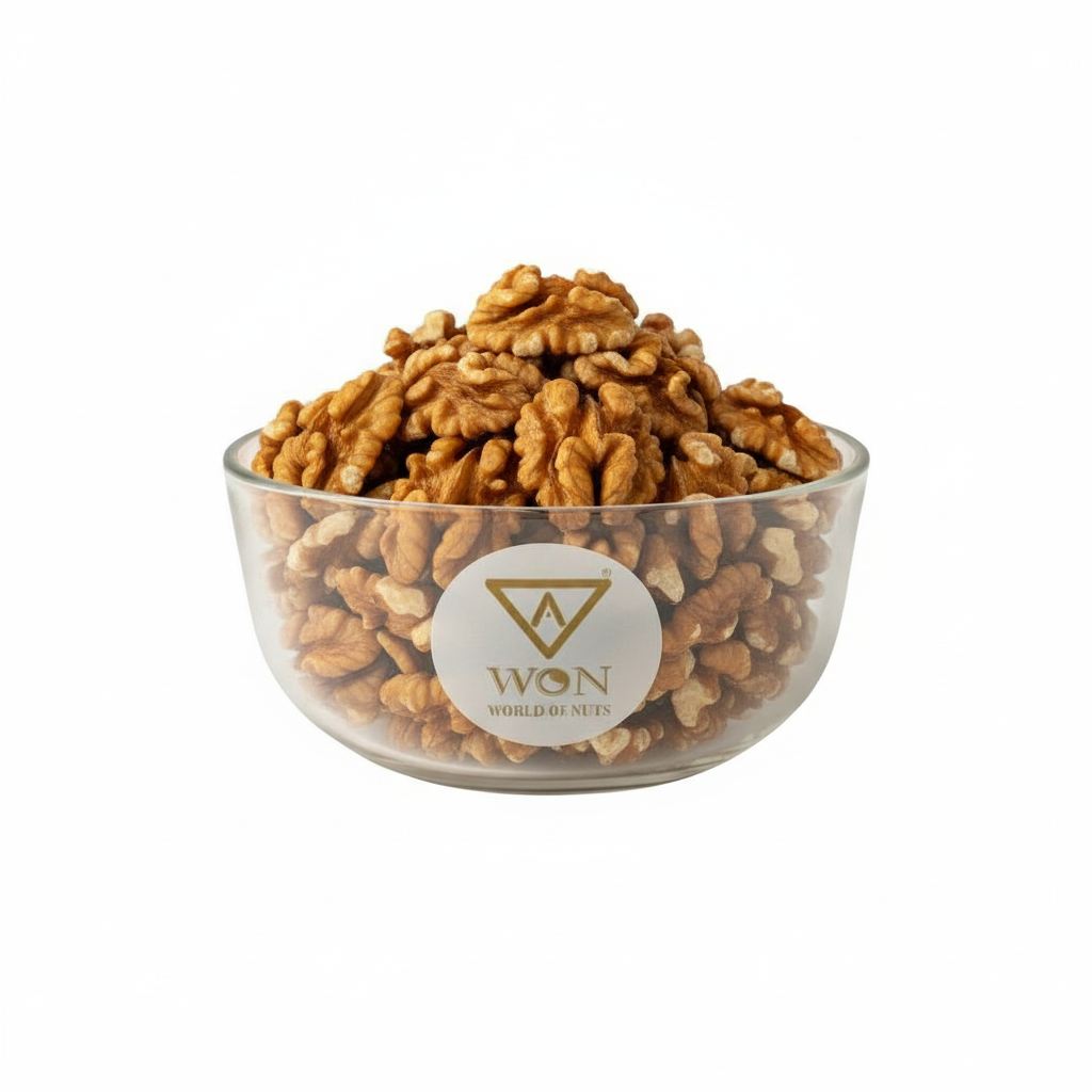 Close-up of AWON California walnuts – light colour walnut kernels for snacking and baking