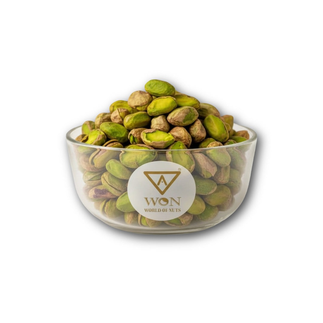Close up of AWON California green pistachios in a bowl showing colour and texture