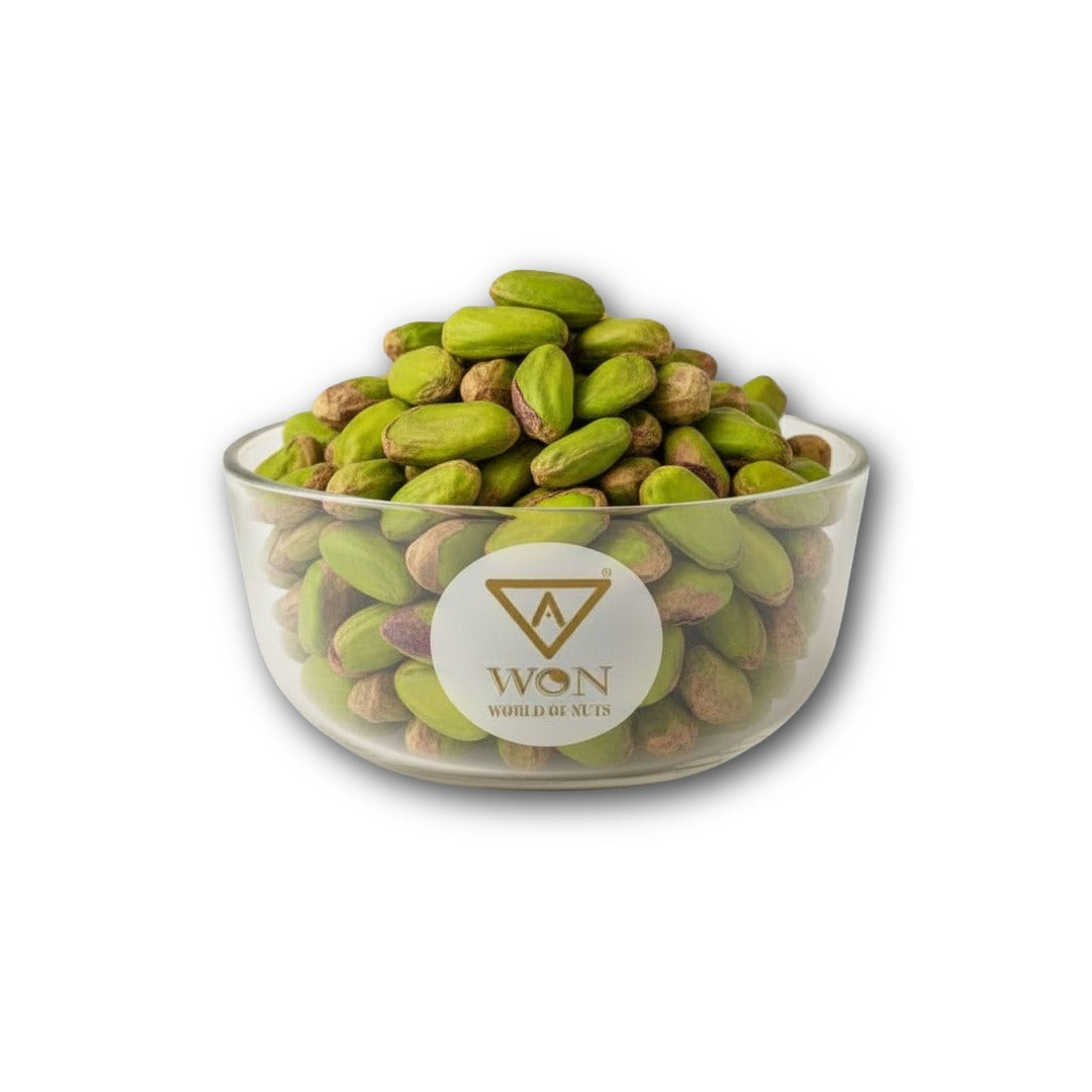 Close up of AWON Premium Irani pistachios in a bowl showing colour and texture