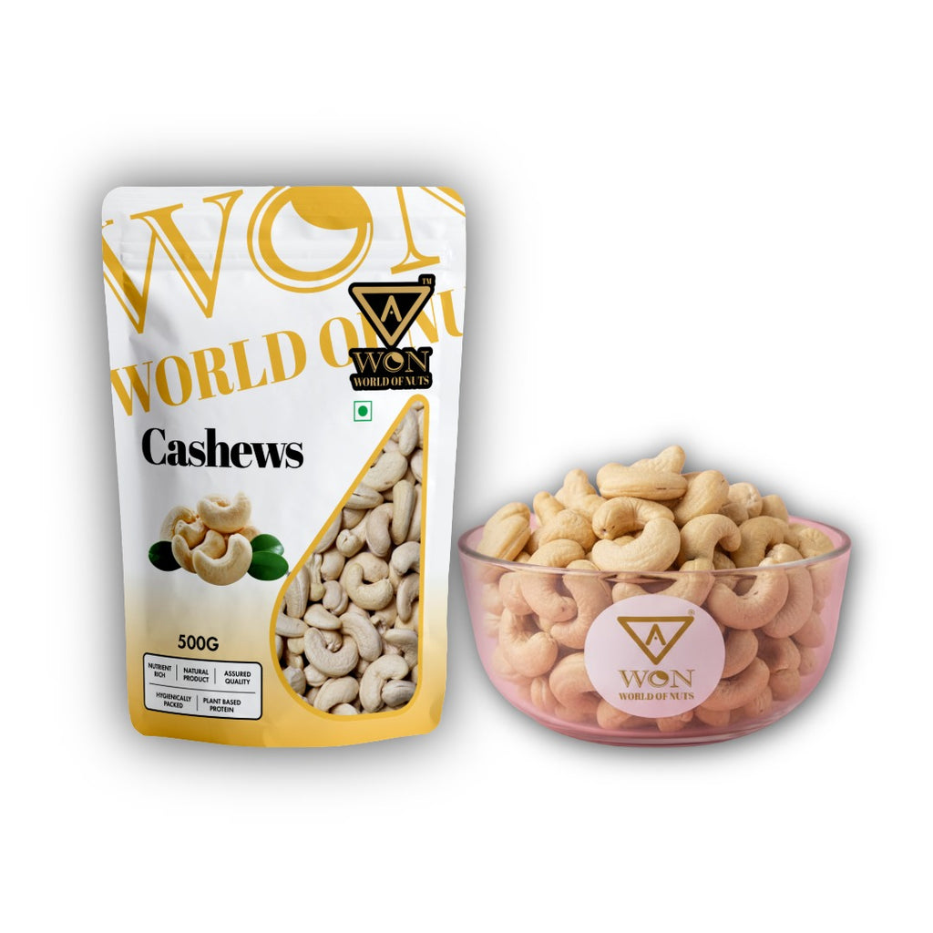 AWON W320 cashew nuts pouch with loose cashews scattered on a pastel background