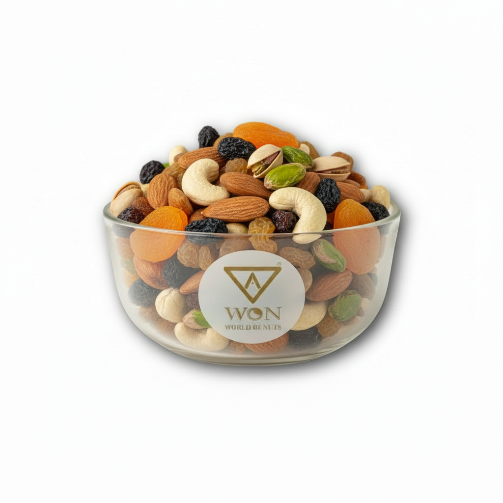 Close-up of AWON mixed dry fruits – premium nut and raisin blend for snacking and gifting