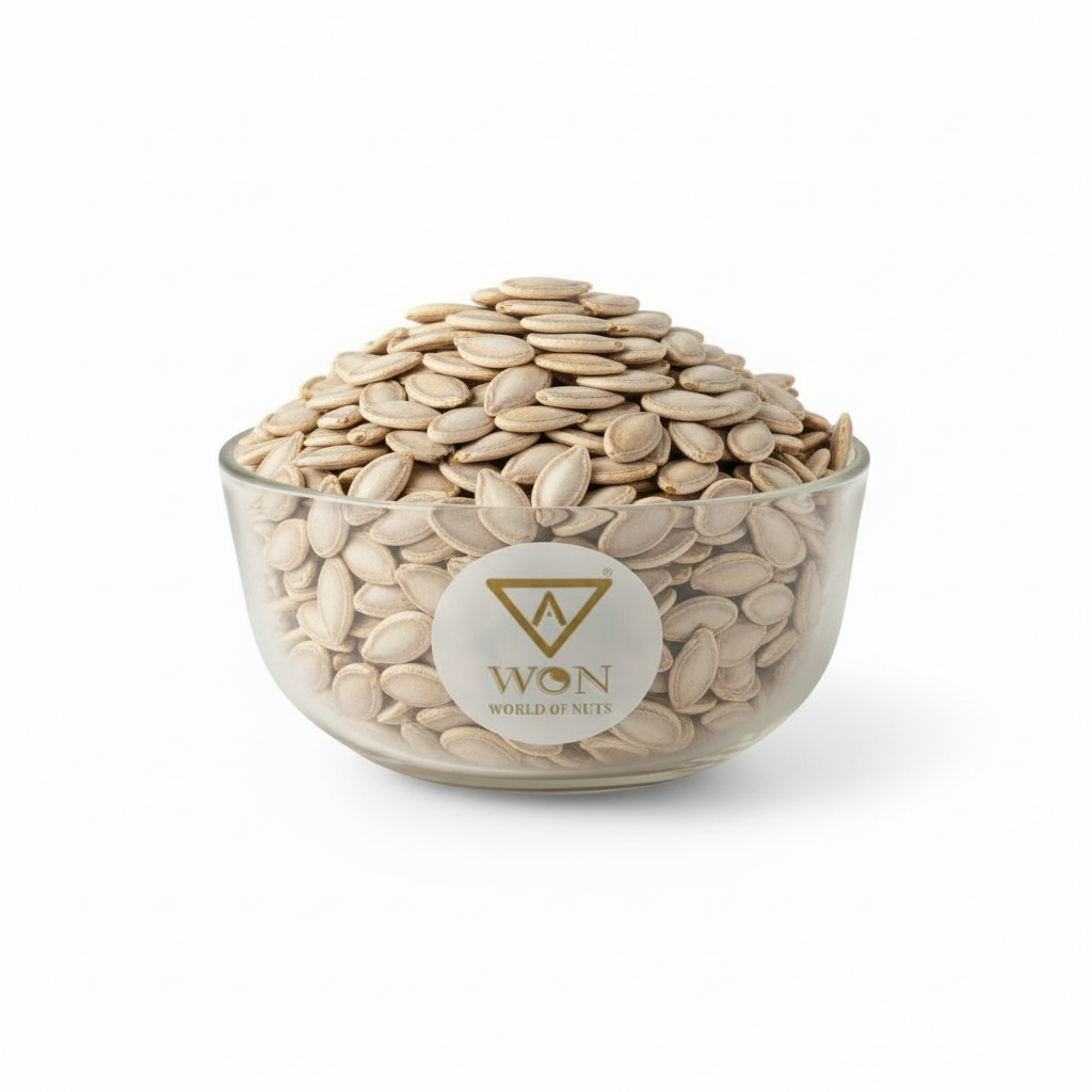 Close up of AWON muskmelon seeds in a bowl showing texture and colour